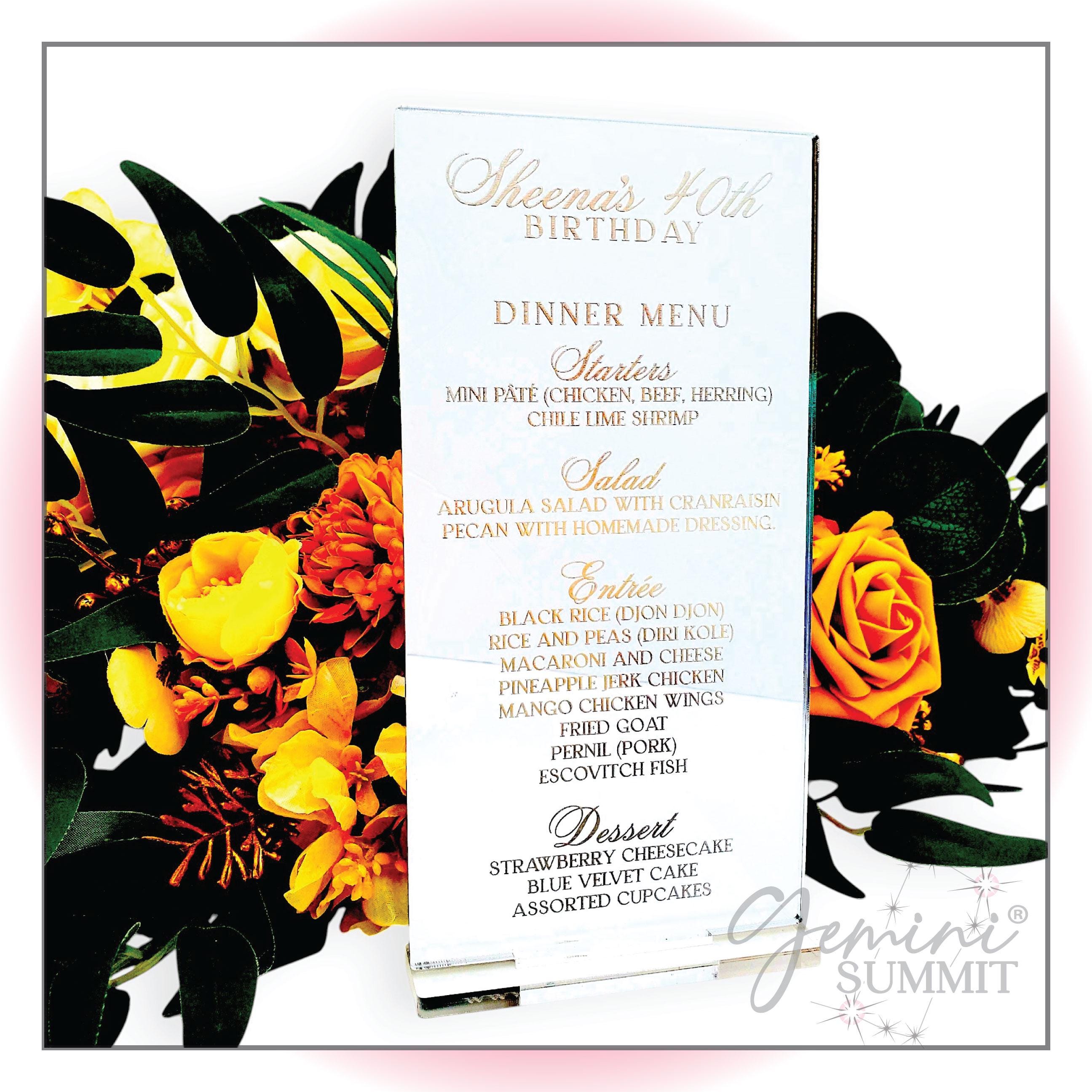 Table Menu. Art Engraved Acrylic Menu, Custom Wedding Table Menus, Gold, Silver, Rose ...