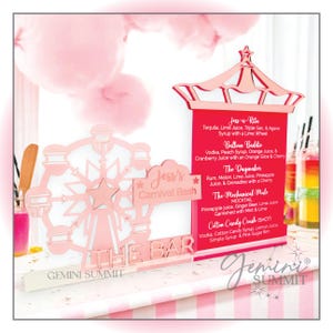 May include: Pink laser-cut sign for "Jess's Carnival Bash" with a Ferris wheel and "THE BAR" text. A menu lists cocktails like "Jess-a-Rita" and "Cotton Candy Crush." The Gemini Summit logo is visible.