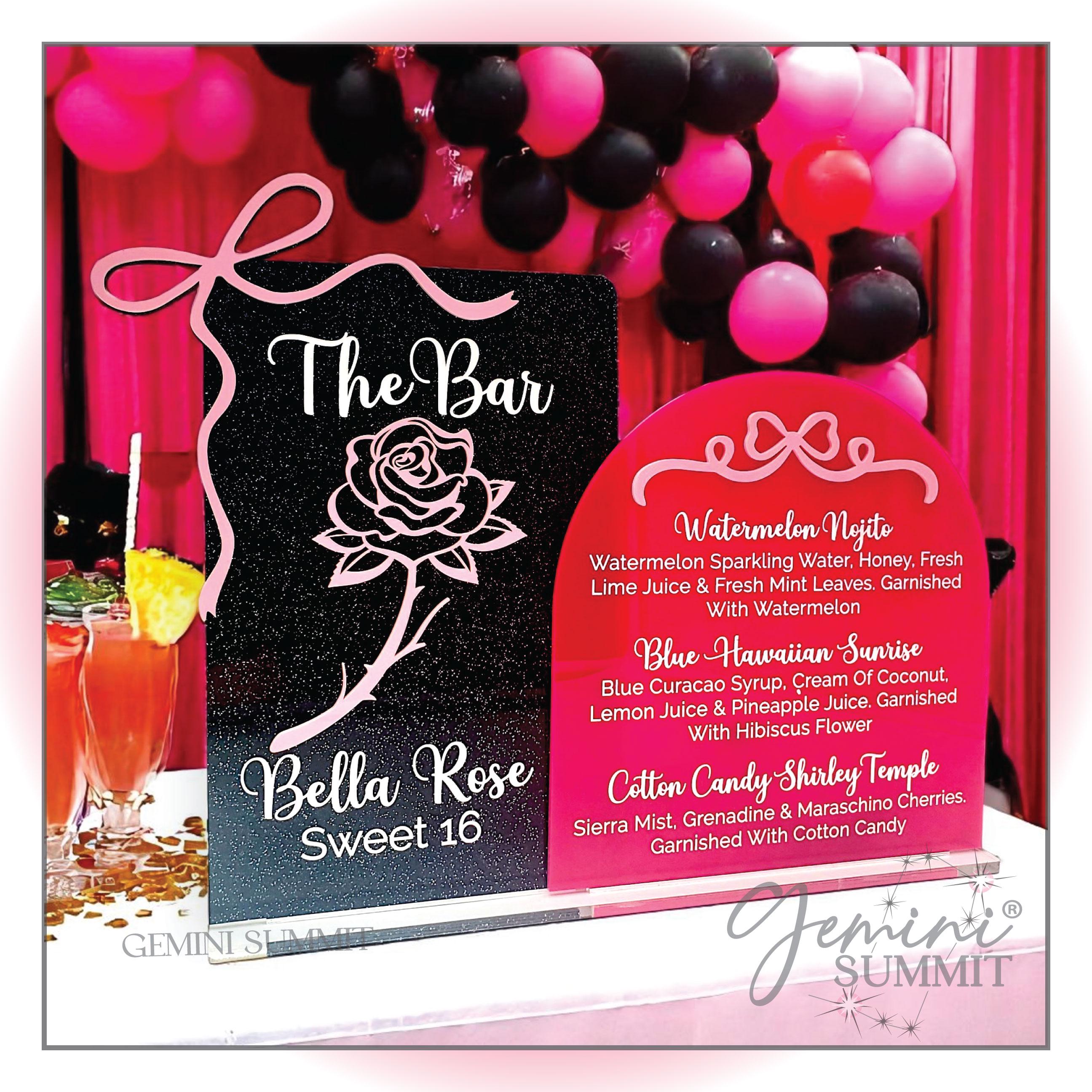 Bows & Roses Bar Menu, Signature Drinks, Sweet 16 Cocktail Menu, Floral ...