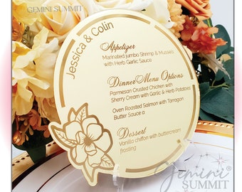 Acrylic Dinner Menu Cards for Weddings, Baby Shower, Dinner Parties. Custom Menu Place card for any Event Party. -GSDM02-Magnolia Collection