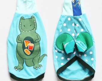 italian greyhound COURTNEYCOURTNEY pattern print upcycled tshirt outfit top mix short sleeve dinosaur trex green blue junk food fast foodie