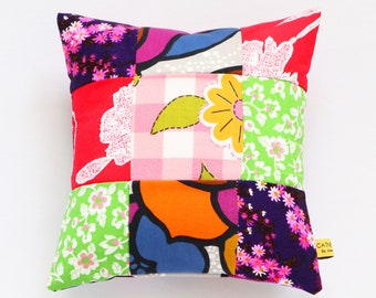vintage fabric patchwork courtneycourtney prints vtg linen small pillow cushion 10x10 rainbow fun squares floral retro blocks flower accent