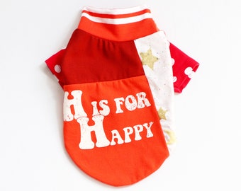 CATNEYDOGNEY small dog S cute upcycled knit outfit top graphic short sleeve orange letter H is for happy stars polka dots stripe red groovy