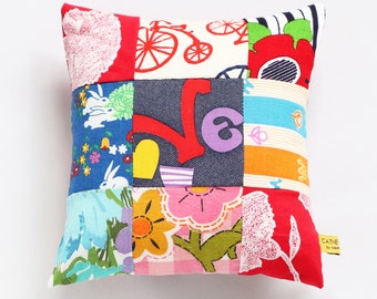 vintage fabric patchwork courtneycourtney prints vtg linen small pillow cushion 10x10 rainbow fun squares floral retro blocks flower accent