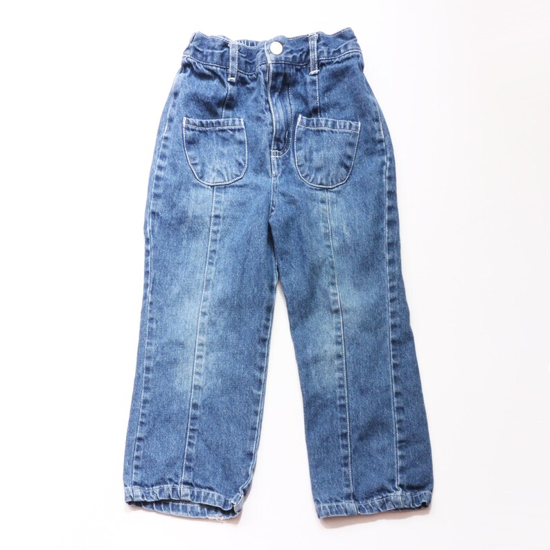 baby togs wide leg jeans 80s eighties 90s nineties style 4T retro vtg vintage pants pockets blue soft girls high rise seams trendy