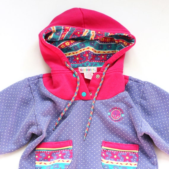 Vtg Vintage Gymboree Hoodie Hooded Sweatshirt Pullover Jumper Snaps Retro  Size Small Purple Pink Rainbow Stripe Pocket Flowers Dots Cute Fun 