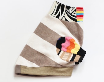 gestreept regenboog neutraal mini medium maat small CATNEYDOGNEY gerecyclede jersey trui met korte mouwen grafische stretch mix