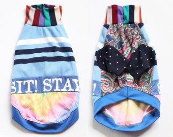 BIGGY IGGY italian greyhound biggie iggie CATNEYDOGNEY print upcycled jersey tshirt short sleeve blues sit! stay! good dog tiedye stripe dot