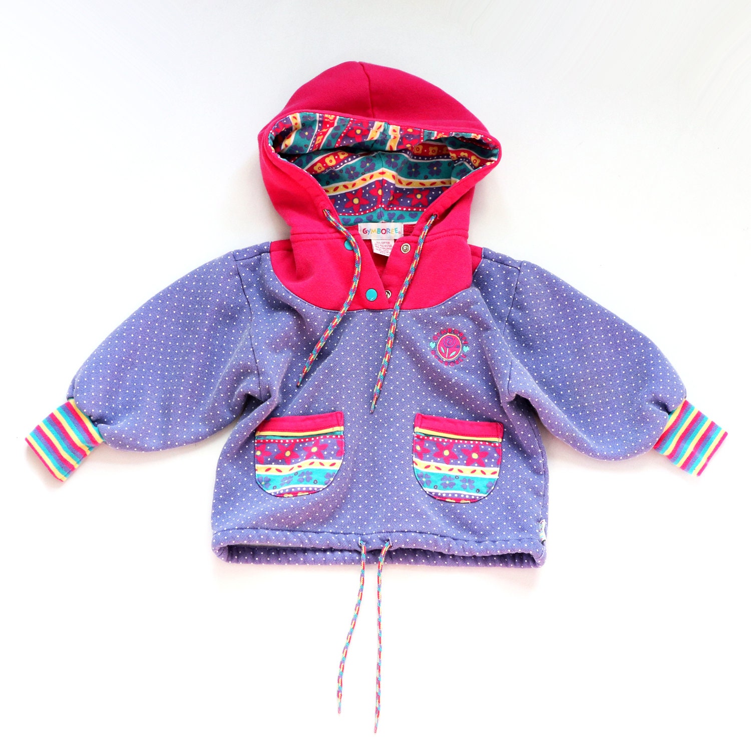 Vtg Vintage Gymboree Hoodie Hooded Sweatshirt Pullover Jumper Snaps Retro  Size Small Purple Pink Rainbow Stripe Pocket Flowers Dots Cute Fun 