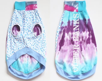 outer banks OBX whippet CATNEYDOGNEY upcycled jersey outfit top sleeveless tank shirt vest summer fun happy beach dog tiedye blue purple usa