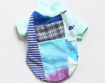 CATNEYDOGNEY small dog S cute upcycled knit outfit top graphic short sleeve patchwork blues whales turquoise tiedye tie dye plaid stripe