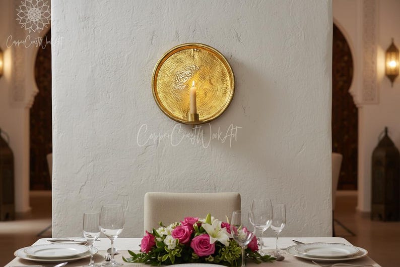 blackfriday Hand-Hammered Brass Wall Candle Sconce – Candle Holder – Rustic Boho Wall Decor Lighting - Moroccan Round Candle Sconces image 10