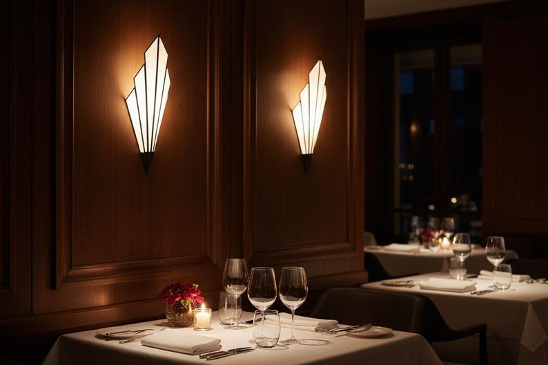 May include: Two wall-mounted sconces with a fan-shaped, geometric design and white frosted glass panels. The fixtures emit a warm, soft glow against dark wood paneled walls, illuminating a dining table set with white linens and glassware.