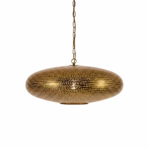 May include: A gold-toned metal pendant light fixture with a flattened, disc-like shape. The surface is covered in a dense pattern of small, circular perforations that allow light to pass through. It hangs from a matching gold-colored metal chain.