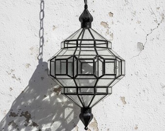Handcrafted Moroccan geometric brass pendant lantern. 9sizes (30–80cm), 5 finishes (Gold,Silver,Black,Bronze,Copper), milky or clear glass.