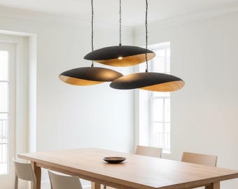Hand-Hammered Copper Disc Pendant Light | Black Matte & Gold Interior 100% Handcrafted Moroccan Artisan Ceiling Lamp | Chain or Cable