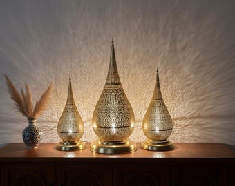 Moroccan Filigree Table Lamp Set | Handcrafted Brass Gold Arabesque Light | Boho Home Decor | Shadow Lamp
