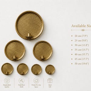 May include: A collection of seven circular brass wall sconces with a textured, concentric pattern and a central candle holder. The text lists available sizes from 20 cm (7.9 inches) to 50 cm (19.6 inches) and features icons for quality and build.