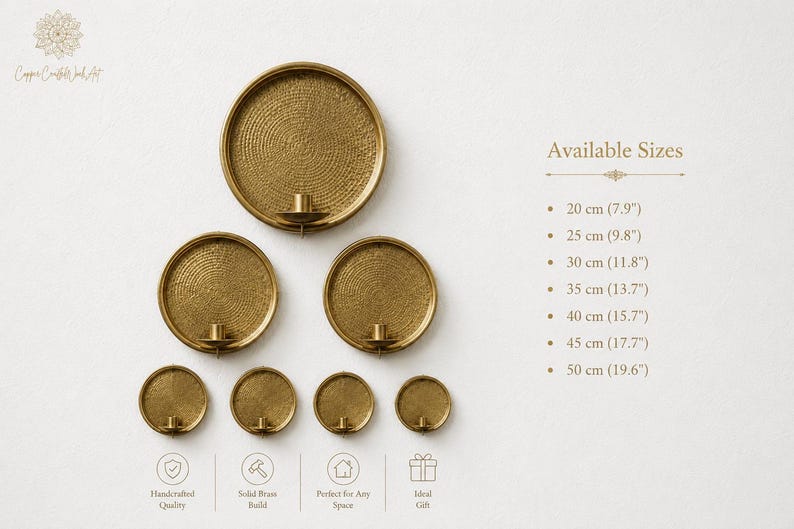 May include: A collection of seven circular brass wall sconces with a textured, concentric pattern and a central candle holder. The text lists available sizes from 20 cm (7.9 inches) to 50 cm (19.6 inches) and features icons for quality and build.