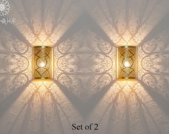 SET of 2 Handcrafted Moroccan brass wall sconce with intricate arabesque pattern. 5 finishes, 2 wiring options, free shipping. 30x16cm.