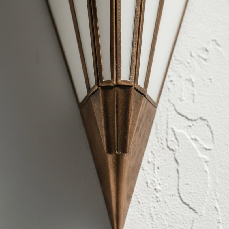 May include: A wall sconce featuring a triangular, pointed base made of aged bronze-toned metal. The upper section consists of white, opaque glass panels framed by thin, vertical bronze-toned metal strips, creating a geometric, fan-like structure.