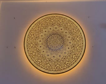Moroccan Filigree Wall Light, Round Backlit Wall Sconce, Handmade Brass Metal Art, Boho Home Decor, Islamic Geometric Lamp, 5 Colors