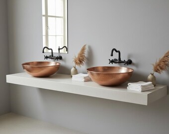 Hammered Copper Vessel Sink | Handmade Moroccan Round Bathroom Basin | Polished Copper, Gold Brass & Verdigris Patina | Artisan Bath Bowl