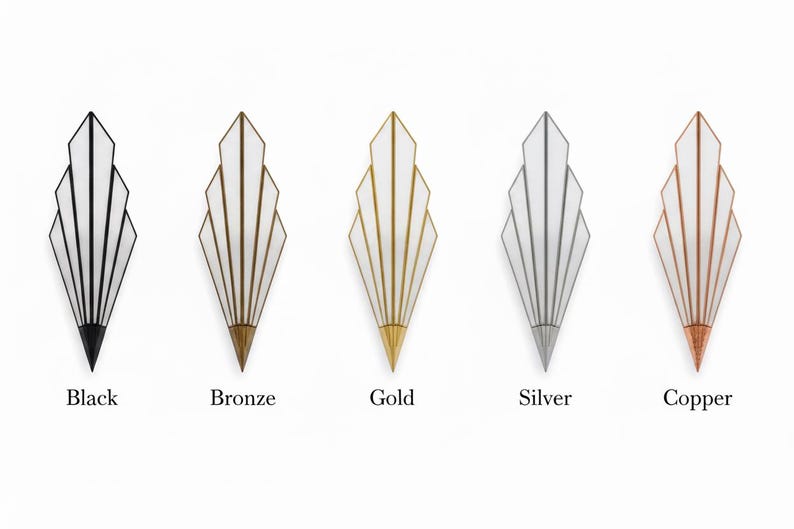 May include: Five wall sconces with a fan-shaped design, each featuring white panels framed by metal edges in black, bronze, gold, silver, and copper finishes. Each sconce has a pointed base and a symmetrical, tiered structure with vertical lines.