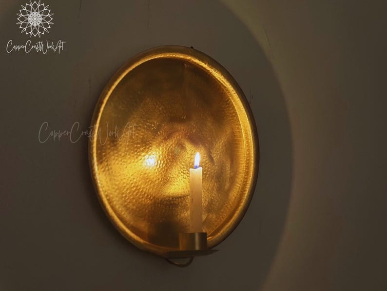 blackfriday Hand-Hammered Brass Wall Candle Sconce – Candle Holder – Rustic Boho Wall Decor Lighting - Moroccan Round Candle Sconces image 3