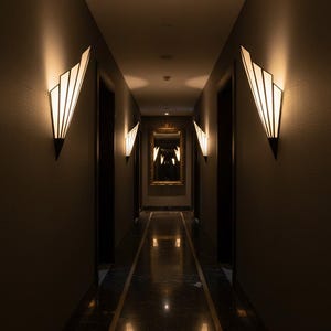 May include: A long, dimly lit hallway featuring dark walls and a polished dark marble floor with a central inlay. Four wall-mounted sconces with fan-shaped, white, translucent panels emit a warm glow, illuminating the corridor toward a mirror.