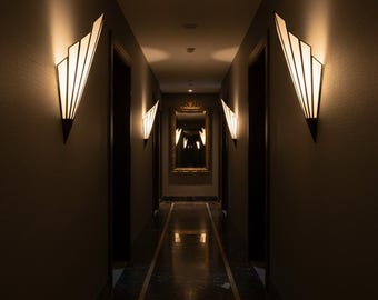 Set of 2 Art Deco Wall Sconce | Handcrafted Copper Frame | Milky White Glass | Geometric Wall Light | 5 Finishes | E14 | Luxury Lighting