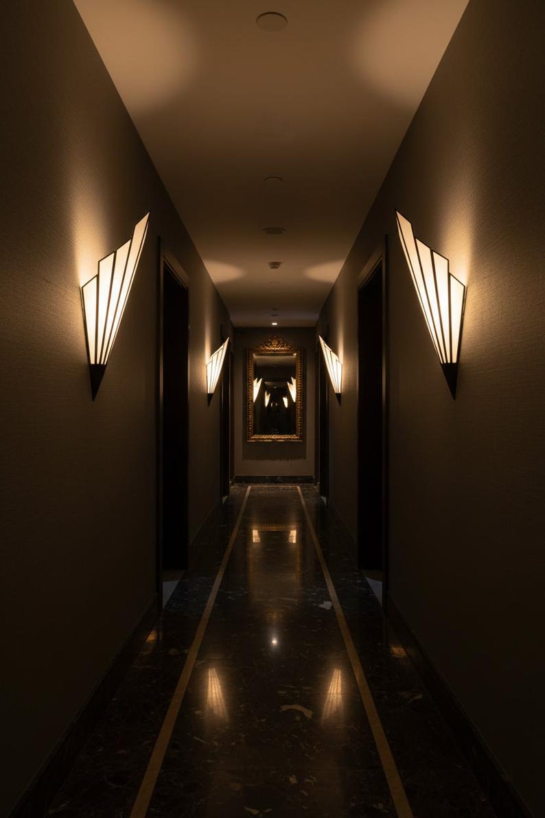 May include: A long, dimly lit hallway featuring dark walls and a polished dark marble floor with a central inlay. Four wall-mounted sconces with fan-shaped, white, translucent panels emit a warm glow, illuminating the corridor toward a mirror.