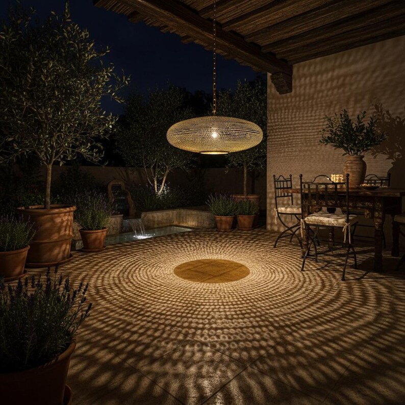May include: A large, oval-shaped pendant light with a fine, metallic mesh structure hangs from a chain. The light emits a warm glow, casting intricate, circular, and radiating shadow patterns across the tiled floor of an outdoor patio space.