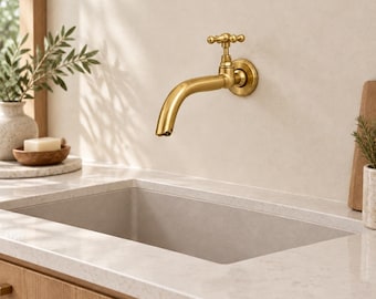 Brass Wall Mount Brass Faucet, Unlacquered Antique Style Tap, Curved Spout for Bathroom Sink or Kitchen