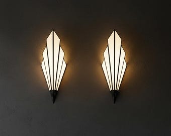 Art Deco Wall Sconce | Handcrafted Copper Frame | Milky White Glass | Geometric Wall Light | 5 Finishes | E14 | Luxury Moroccan Lighting