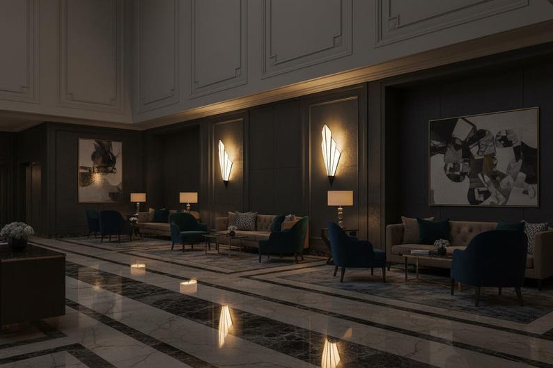 May include: A hotel lobby interior featuring dark gray walls, marble flooring, and multiple seating areas with tufted beige sofas and navy blue armchairs. Wall-mounted fan-shaped light fixtures provide warm illumination above the furniture.