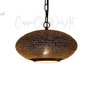 May include: A dark brown, oval-shaped pendant light fixture featuring a dense pattern of small, circular perforations across its surface. The lamp hangs from a dark metal chain and emits a warm, focused light from its open bottom aperture.