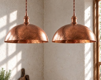 Hammered Copper Dome Pendant Lights, Handmade Moroccan Kitchen Island Lamps, Rustic Copper Ceiling Lighting