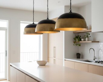 Set of 3 solid brass dome pendant light with matte black exterior & raw golden brass interior. Perfect for kitchen islands dining rooms