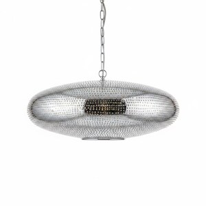 May include: A silver-toned, disc-shaped pendant light fixture with a textured, perforated surface pattern. The fixture is suspended by a thin metal chain and features a central opening at the bottom, showcasing a metallic finish throughout.