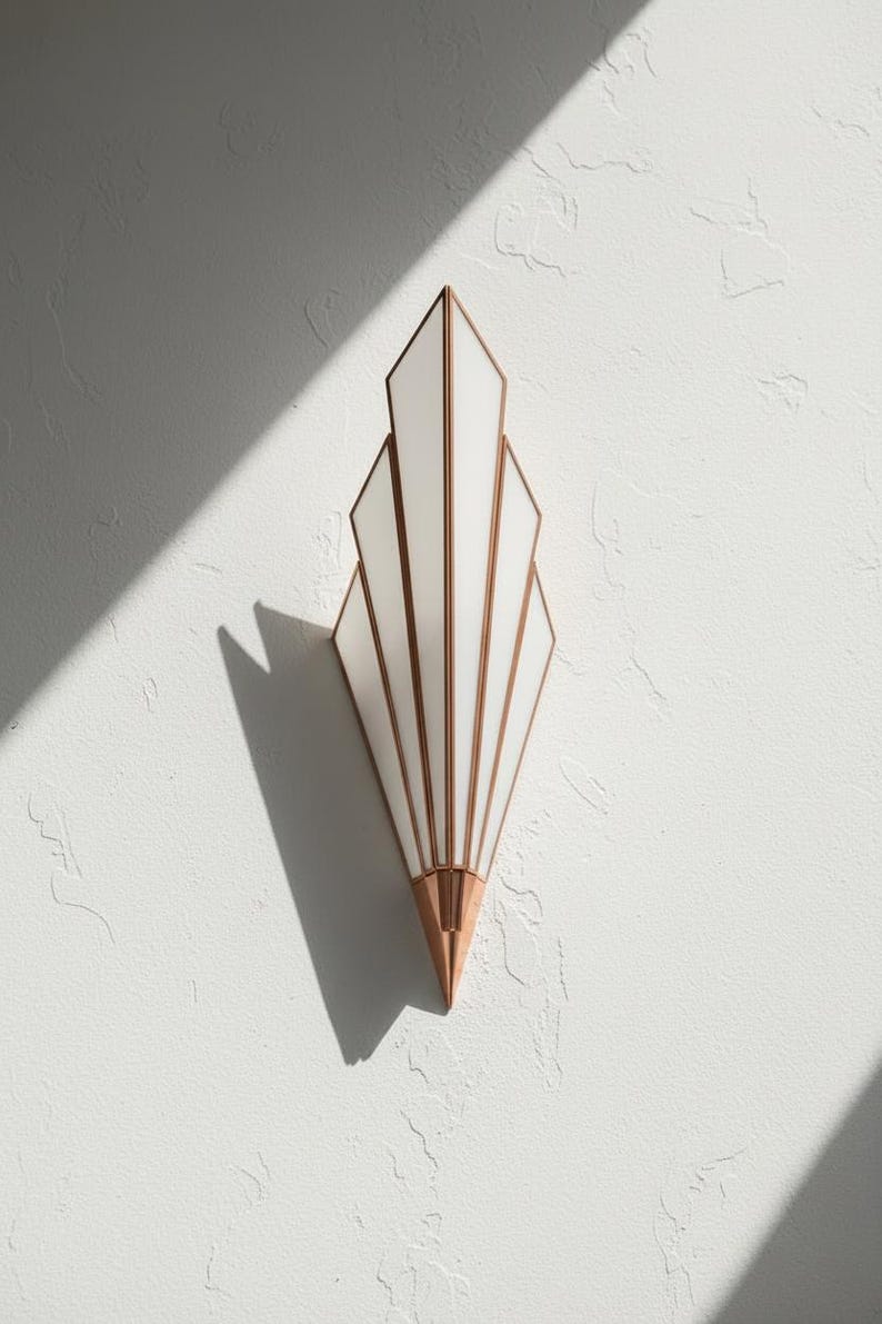 May include: A wall-mounted light fixture featuring a fan-shaped design with five white glass panels framed in copper-toned metal. The structure tapers to a pointed base, creating a geometric silhouette that extends outward from the mounting point.