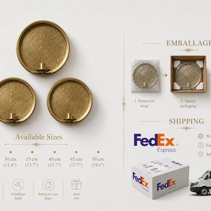 May include: Three circular gold-toned brass wall sconces with textured surfaces and central candle holders. The image displays available sizes from 20 cm (7.9 inches) to 50 cm (19.6 inches), packaging steps including protection wrap, and a FedEx delivery van.