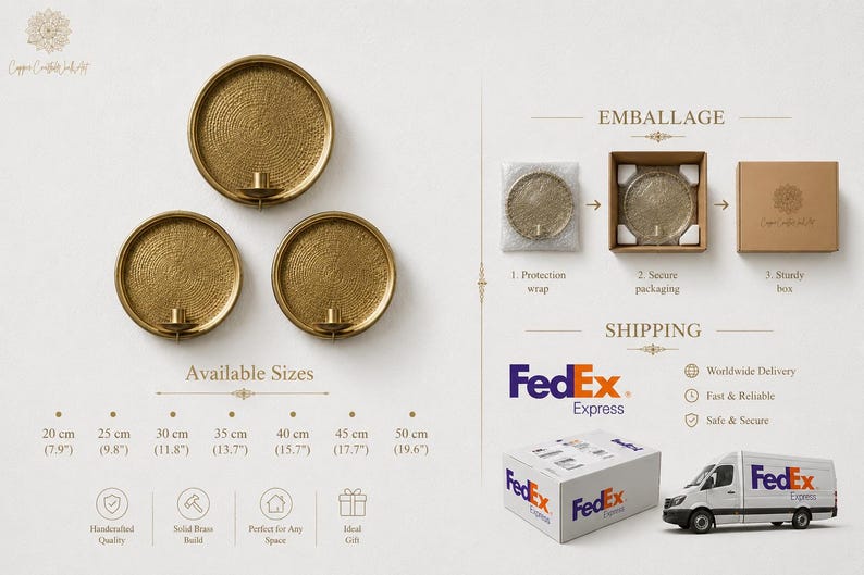 May include: Three circular gold-toned brass wall sconces with textured surfaces and central candle holders. The image displays available sizes from 20 cm (7.9 inches) to 50 cm (19.6 inches), packaging steps including protection wrap, and a FedEx delivery van.