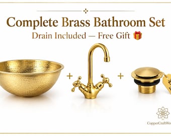 Moroccan Hammered Brass Vessel Sink & Faucet Set | 100% Handmade | Round Basin 8" to 24" | Gold Brass Bathroom Bundle | Free Drain Included