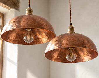 SET of 2 Hammered Copper Dome Pendant Lights, Handmade Moroccan Kitchen Island Lamps, Rustic Copper Ceiling Lighting