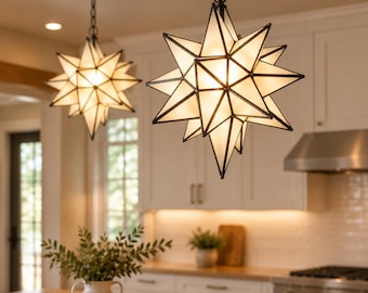 Moravian Star Milk Glass Pendant Light | Handmade Brass Star Lamp | Kitchen Island, Foyer & Dining Room Ceiling Light | Boho Farmhouse Decor