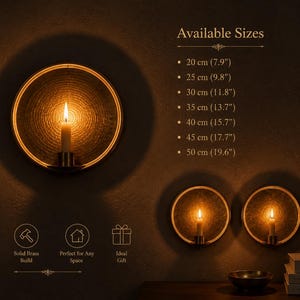May include: A circular brass wall sconce featuring a textured interior and a central candle holder. The text lists available sizes from 20 cm (7.9 inches) to 50 cm (19.6 inches). Icons indicate handcrafted quality, solid brass build, and gift suitability.