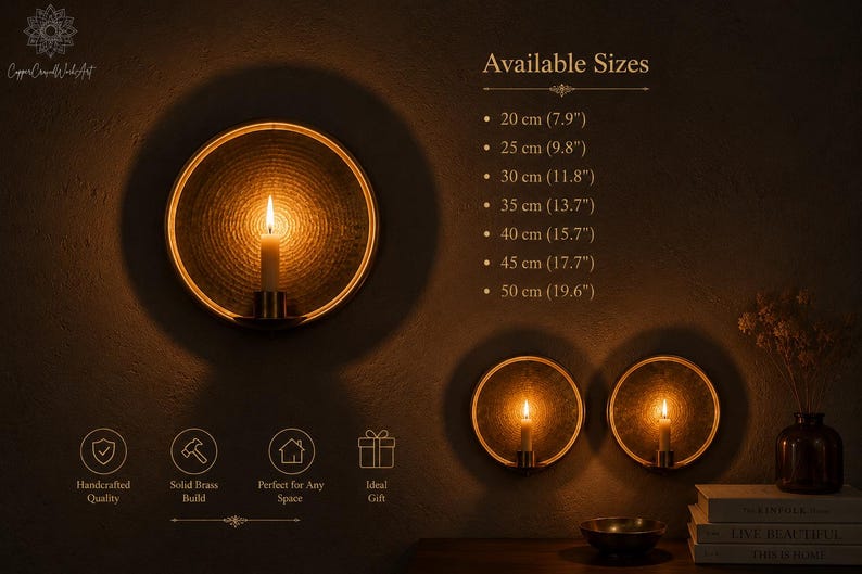May include: A circular brass wall sconce featuring a textured interior and a central candle holder. The text lists available sizes from 20 cm (7.9 inches) to 50 cm (19.6 inches). Icons indicate handcrafted quality, solid brass build, and gift suitability.
