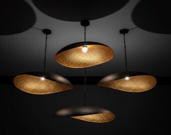 Hand-Hammered Copper Disc Pendant Light | Black Matte & Gold Interior | 100% Handcrafted Moroccan Artisan Ceiling Lamp | Chain or Cable