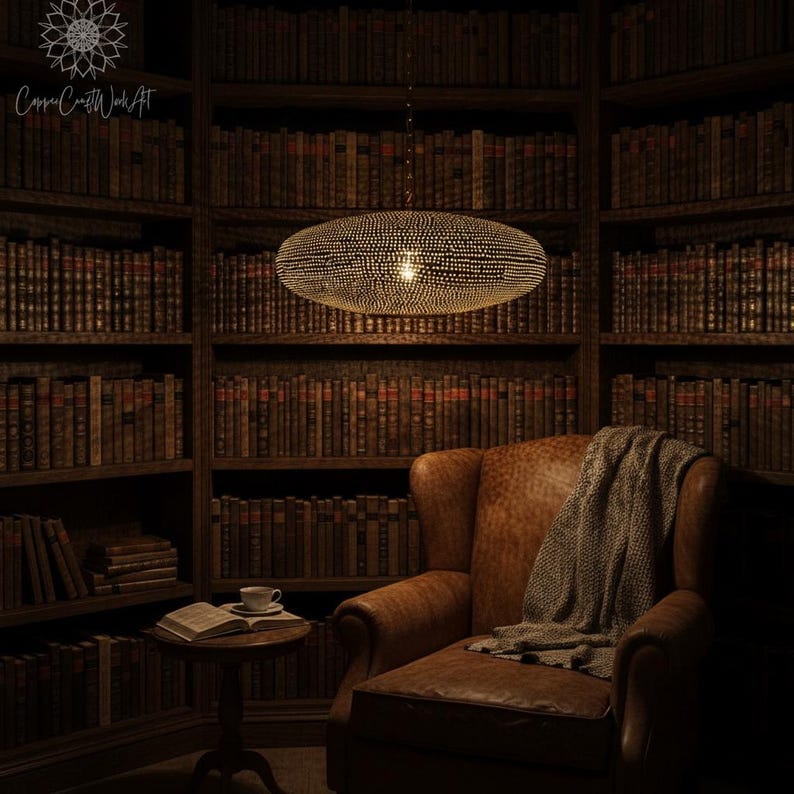 May include: A round, perforated metal pendant light fixture with a warm, glowing interior light, suspended from the ceiling. The lamp features a textured surface with numerous small holes that emit light, creating a soft, diffused illumination.